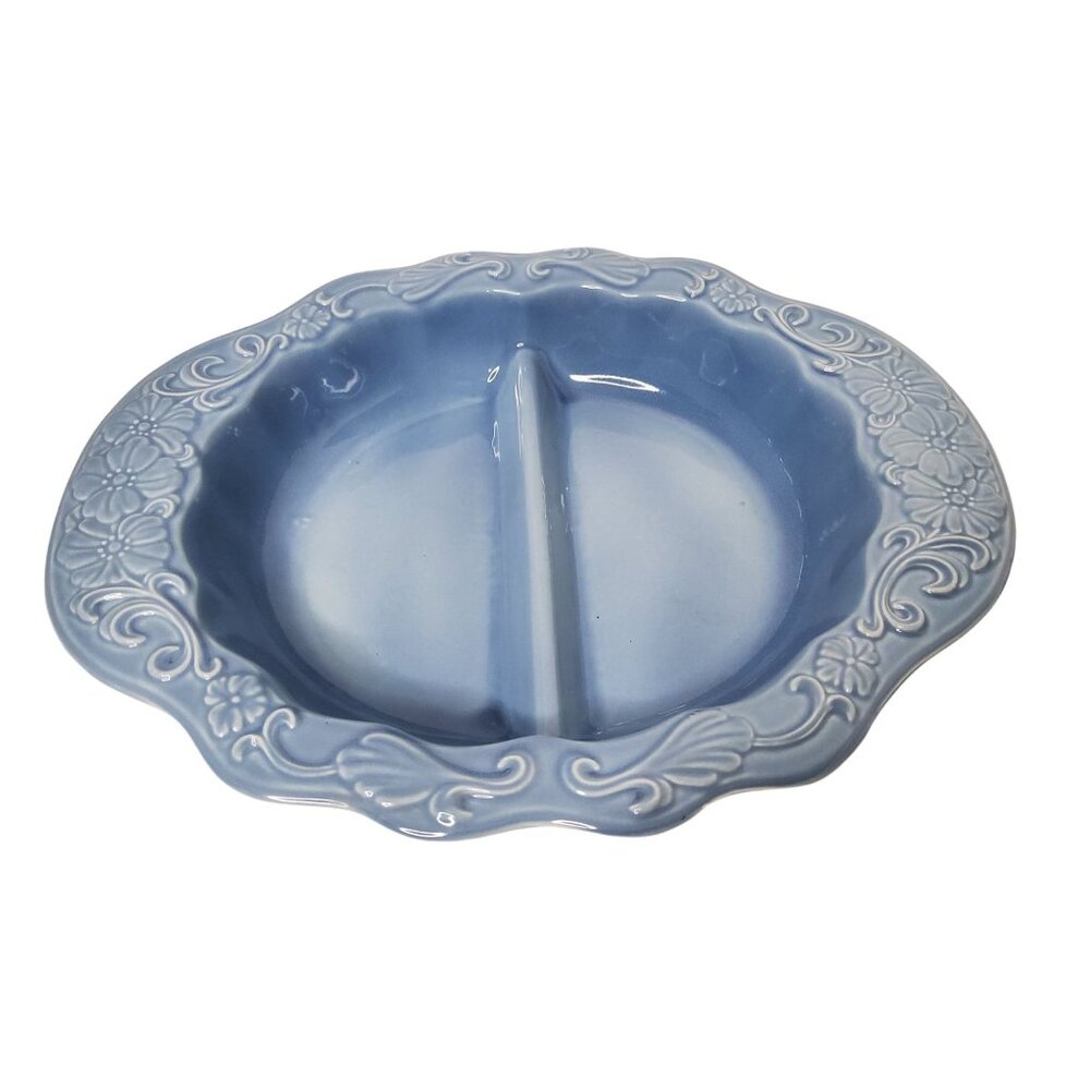 Vintage Pfaltzgraff Petals Azure Blue Large Divided Serving Dish with Scalloped
